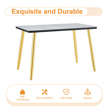 47.3 Inch Marble Tempered Glass Dining Table with Gold Tapered Metal Legs