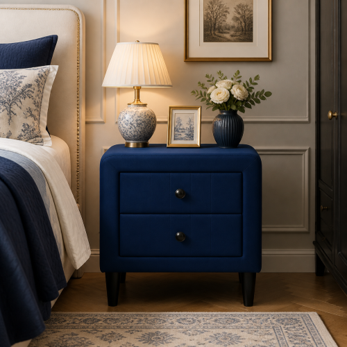 Navy Blue Velvet 2-Drawer Upholstered Nightstand
