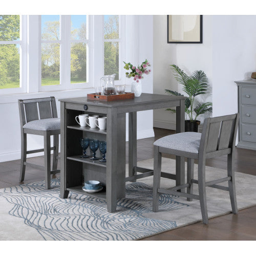 3-Piece Gray Counter Height Dining Set, 36 Inch Table with Shelves, USB Port & 2 Fabric Chairs