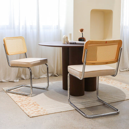 Set of 2 Champagne Velvet Rattan Cantilever Dining Chairs, Chrome Tubular Steel Breuer Stackable Side Chairs