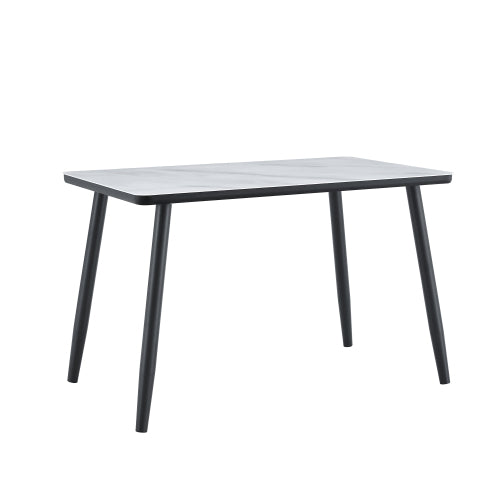 Marble Pattern Glass Dining Table with Black Tapered Metal Legs