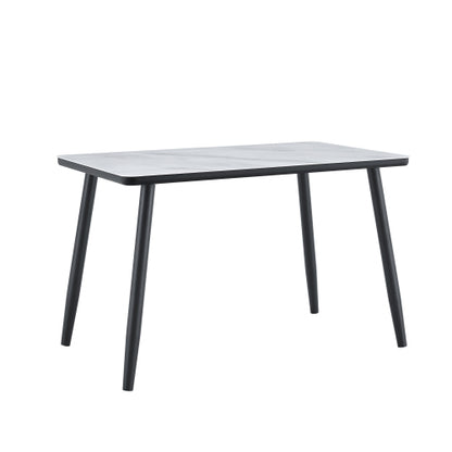 Marble Pattern Glass Dining Table with Black Tapered Metal Legs