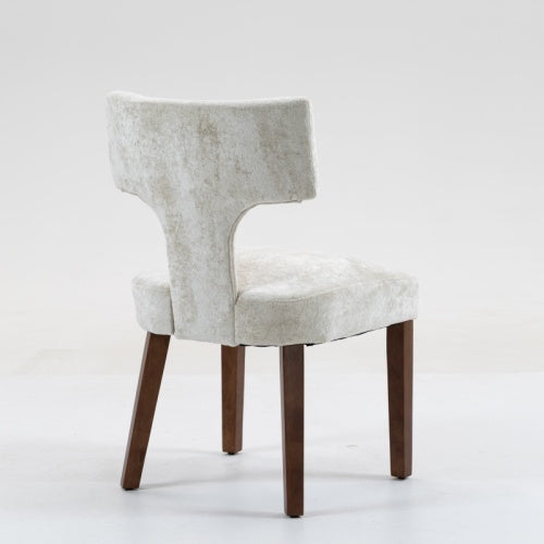 Set of 2 Beige Chenille Mid Century Dining Chairs, Wood Frame Upholstered Accent Chairs
