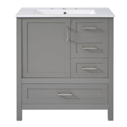 30" Gray Bathroom Vanity with Sink Combination Set, Bathroom Storage Cabinet with Soft Close Door, 3 Soft Close Drawers and Removable Tray, Solid Wood Frame