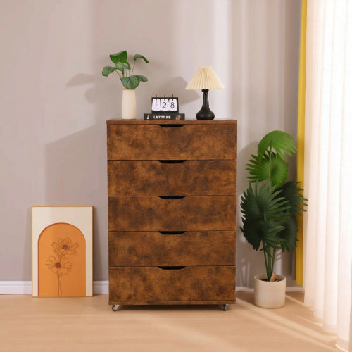 5 Drawer Dresser on Wheels Rustic Brown Rolling Chest of Drawers Mobile Storage Cabinet for Bedroom Closet, Wide Drawer Organizer, 30.71" W x 15.75" D x 44.49" H