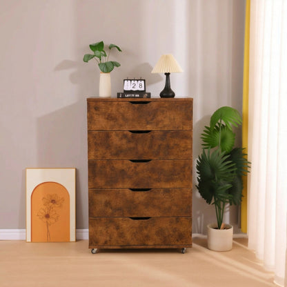 5 Drawer Dresser on Wheels Rustic Brown Rolling Chest of Drawers Mobile Storage Cabinet for Bedroom Closet, Wide Drawer Organizer, 30.71" W x 15.75" D x 44.49" H