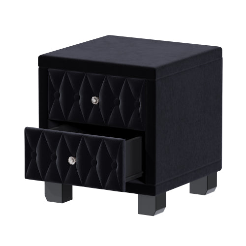 Elegant Velvet Nightstand with 2 Drawers and Crystal Handle, Storage Bedside Table with Button-Tufted, Black