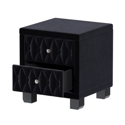 Elegant Velvet Nightstand with 2 Drawers and Crystal Handle, Storage Bedside Table with Button-Tufted, Black
