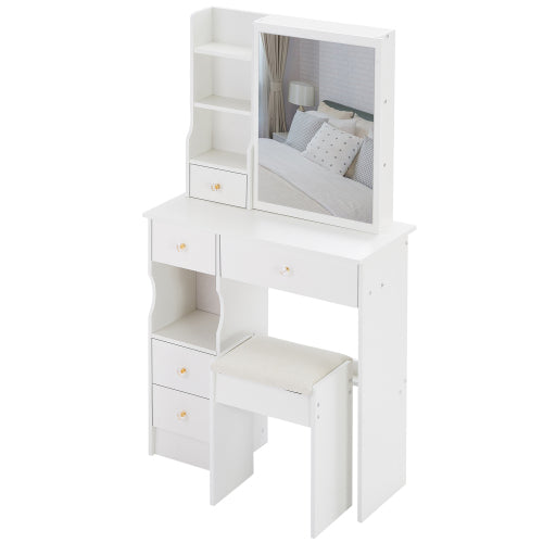 29.2inch  Small Space Left Drawer Desktop Vanity Table + Cushioned Stool, Extra Large Right sliding mirror, Multi Layer High Capacity Storage, Practical Fashionable Dresser, Suitable For Small Space