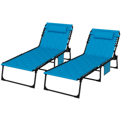 Outsunny Folding Chaise Lounge Set with 5-level Reclining Back, Outdoor Lounge Tanning Chair with Padded Seat, Side Pocket & Headrest for Beach, Yard, Patio, Sky Blue