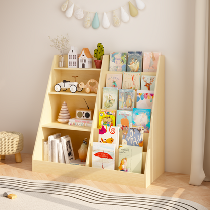 Natural Tone 4-Tier Kids MDF Bookshelf with Anti-Tip Kit, 2-Shelf 1-Bin Nursery Toy Storage Rack