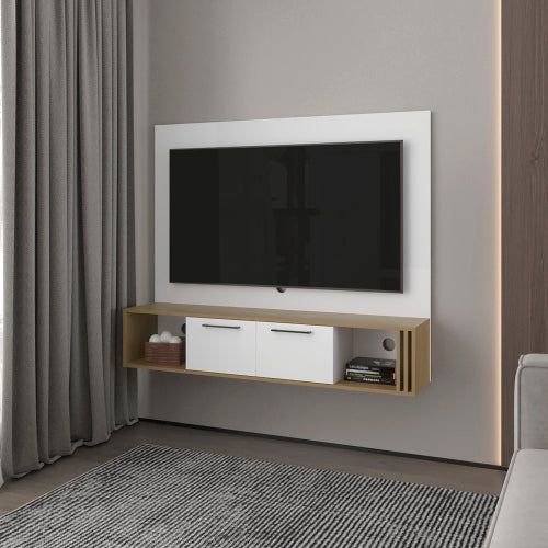 White and Macadamia Entertainment Center with Cabinets and Shelves