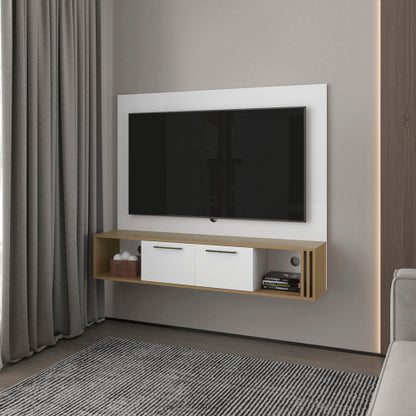 White and Macadamia Entertainment Center with Cabinets and Shelves