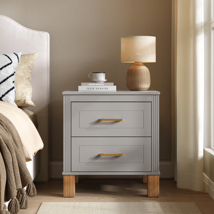 Gray Fluted Nightstand, 2-Drawer Bedside Table with Metal Handles & Solid Wood Legs
