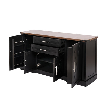 63 inch Farmhouse Barn Door Storage Cabinet with 2 Drawers & Door Rack, Large Buffet Table Coffee Bar Cabinets with Adjustable Shelves for Kitchen, Living Room, Entryway, Dining Room, Black