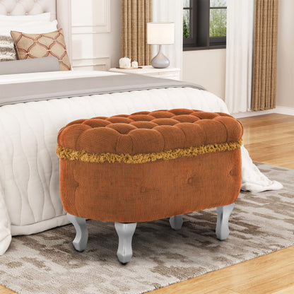 Orange Fringed Button Tufted Storage Ottoman Bench, 29.5 Inch Upholstered End of Bed Bench for Entryway Bedroom