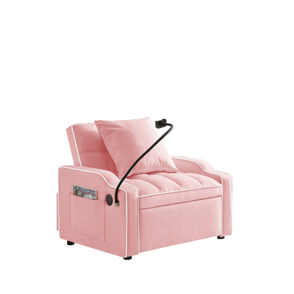 Pink 3-In-1 Convertible Sleeper Chair Bed with USB & Type-C Port