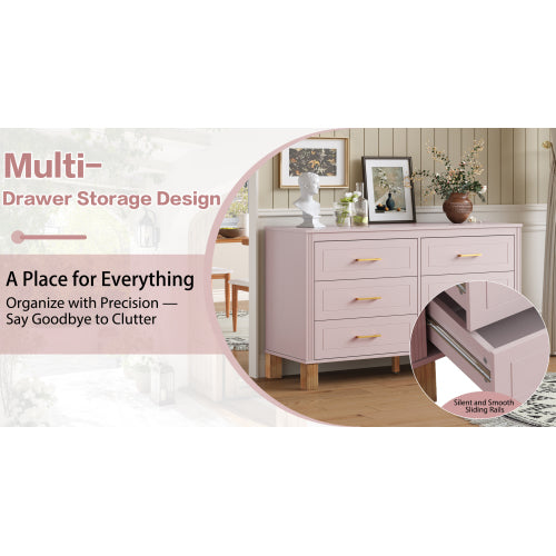 Pink 6-Drawer Solid Wood Frame Modern Bedroom Storage Dresser