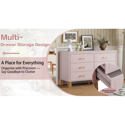 Pink 6-Drawer Solid Wood Frame Modern Bedroom Storage Dresser