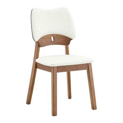 Set of 2 Walnut Wood Dining Chairs, White PU Upholstered Hollow Back Kitchen Chairs