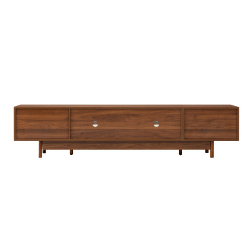 78.7 inch Walnut Fluted Glass Door TV Stand 2 Drawer Media Console Solid Wood Leg For 85 inch TV