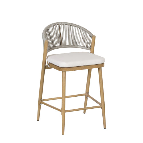 Outdoor 26" Seat Height Aluminum Frame Counter Stools with PE Rattan Scallop-shaped Backrest, Set of 2, Maple Finish