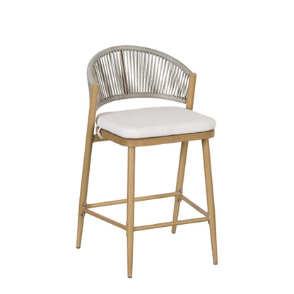Outdoor 26" Seat Height Aluminum Frame Counter Stools with PE Rattan Scallop-shaped Backrest, Set of 2, Maple Finish