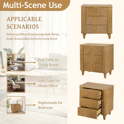Mid-Century Fluted 3 Drawers Nightstand, Bedside Table with Curved Profile Design and Wide Gold Glossy Handles, End Table for Living Room, Bedroom, Easy Assembly, Natural