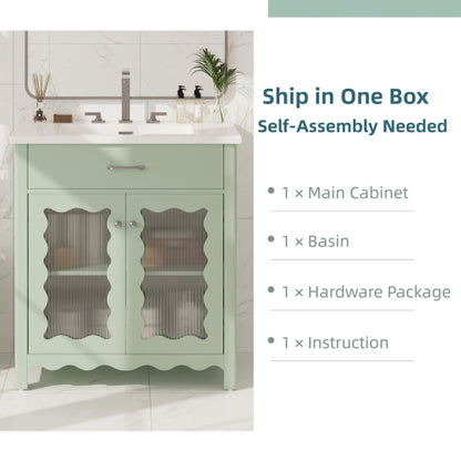 31" Bathroom Vanity with Tempered Glass, Modern Bathroom Cabinet with Rubber Wood legs and Soft close Doors, Green