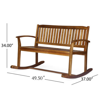 Patio Rocking Loveseat, 2 Person Outdoor rocker Bench, Acacia Wood Patio rocking Loveseat with Armrests, Slatted Seat & Backrest, Porch Rocking Bench for Backyard, Garden
