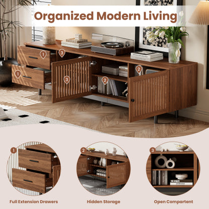 78.7 inch Walnut Slatted Door TV Stand Deep Drawers Solid Rubber Wood Legs Holds 85 inch TV