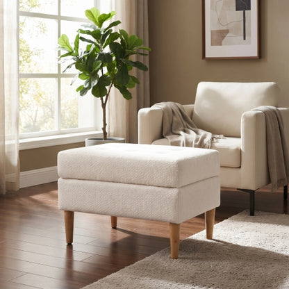 Ivory Tufted Boucle Ottoman with Solid Rubberwood Legs, 350+ LBS Low Profile Multifunctional Accent Stool