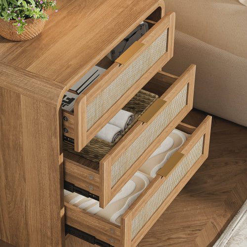 Rattan Nightstand with 3 Drawers, 22.8inch  Wide Curved Wooden Bedside Table, Modern Storage for Bedroom, Caramel Oak.