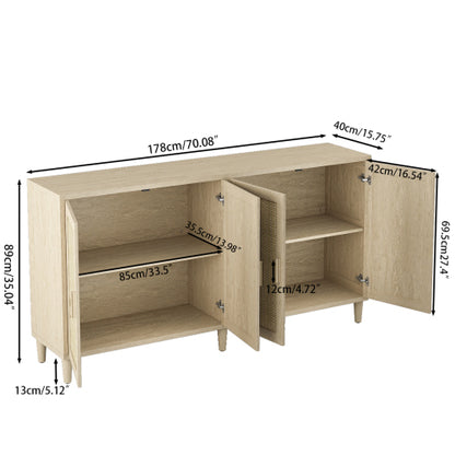 70 Inch Natural Rattan 4-Door Sideboard Adjustable Shelf Storage Cabinet With Solid Wood Legs Easy Assembly
