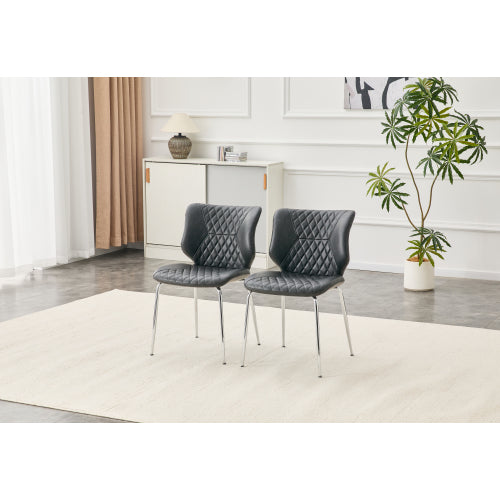 Set of 2 Dark Gray Crazy Horse Oil Wax Leather Dining Chairs, Electroplated Metal Leg Diamond Tuft High Back Chairs