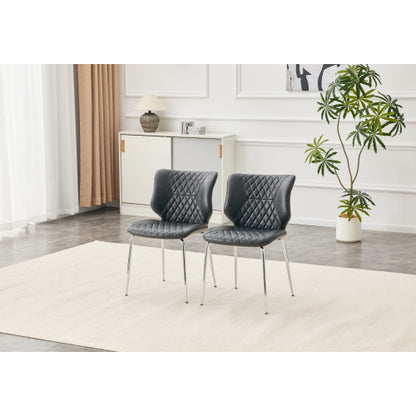 Set of 2 Dark Gray Crazy Horse Oil Wax Leather Dining Chairs, Electroplated Metal Leg Diamond Tuft High Back Chairs