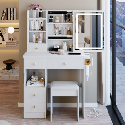 29.2" Small Size Drawer Desktop Vanity Table + Cushioned Stool, 2 AC+2 USB Power Station, Hair dryer bracket, Extra Large Touch Control Sliding LED Mirror, 3-color Switching, EPA, GCC, UL Certificate