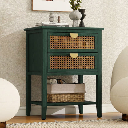 Natural Rattan 2-Drawer Stable End Side Table with Metal Handles