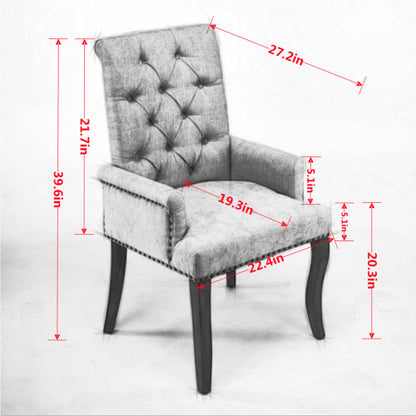 Single Olive Green Chenille Tufted Arm Dining Chair, Curved Hand Sanded Solid Wood Legs 300lbs Capacity