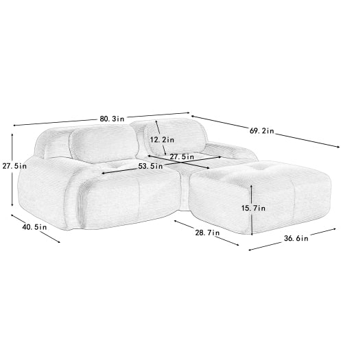 82 inch  Blue Modular L-Shaped Corduroy Sofa, Curved Armrest, No Assembly