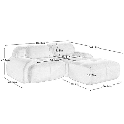 82 inch  Blue Modular L-Shaped Corduroy Sofa, Curved Armrest, No Assembly