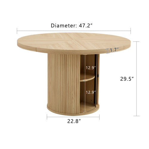 47.2 Inch Wood Grain Round Dining Table, Roman Column Pedestal Table with Double-Layer Storage for Home Dining Room