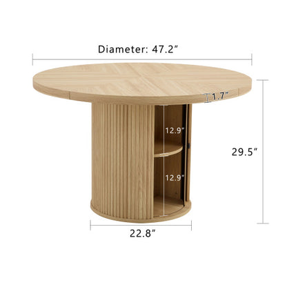 47.2 Inch Wood Grain Round Dining Table, Roman Column Pedestal Table with Double-Layer Storage for Home Dining Room