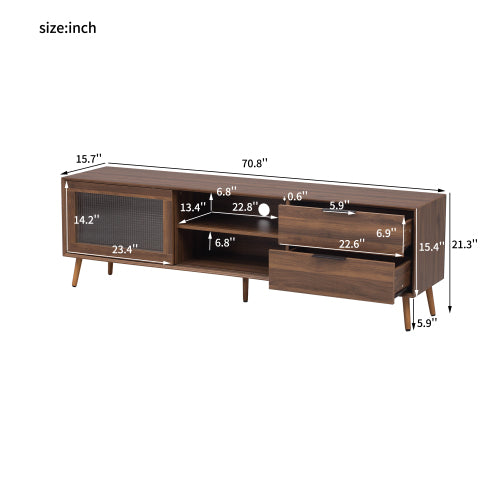 70.8 Inch Walnut Mid-Century TV Stand Tempered Glass Sliding Door Media Console for 75 inch+ TV