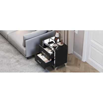 High Gloss Mirrored Nightstand with 2 Drawers,Modern End Table with Drawers,Mirrored High Gloss Wood Nightstand Metal Handle Bedside End Table for Bedroom, Dorm,Living Room,Black