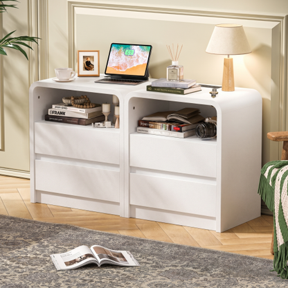 White Smooth 2-Drawer Nightstand with Charging Station, Mid-Century USB Bedside Table