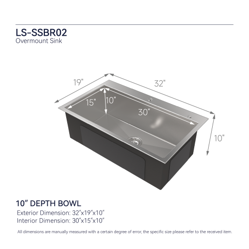 Stainless Steel Kitchen Sink, 32″x19″ Single Bowl, Overmount Handmade Sink in Brushed Nickel, with US Standard Drain and Hook, LS-SSBR02