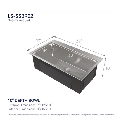 Stainless Steel Kitchen Sink, 32″x19″ Single Bowl, Overmount Handmade Sink in Brushed Nickel, with US Standard Drain and Hook, LS-SSBR02