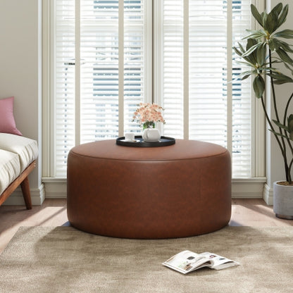 30 Inch Brown PU Leather Round Ottoman, Upholstered Modular Footrest with Plywood Frame and Pocket Coil Spring Cushions