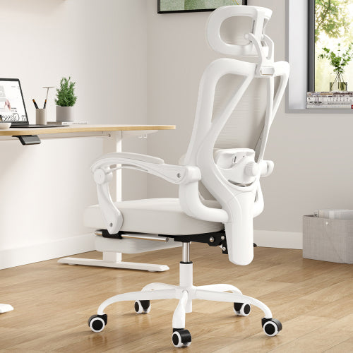 Ergonomic Office Chair with Footrest, Mesh Office Desk Chair with Headrest, High Back Computer Chair with Adjustable Lumbar Support for Home Office Study Room Bedroom, Beige